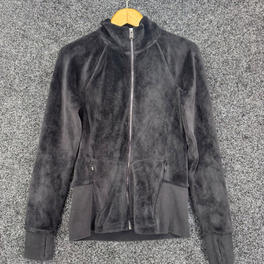 Athleta Black Velour Full Zip Jacket Thumbhole Cuffs Mock Neck Small